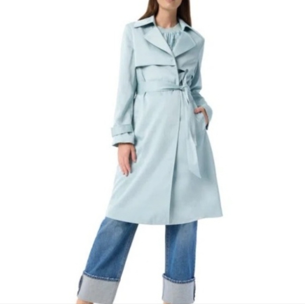 NWT Dee Ocleppo Cassie Light Powder Blue Satin Belted Trench Coat L